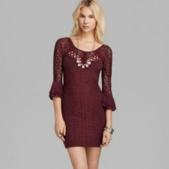 Free People Dresses & Skirts - Free People City Girl Bodycon Crochet Lace Mini Dress Plumberry Burgundy Purple